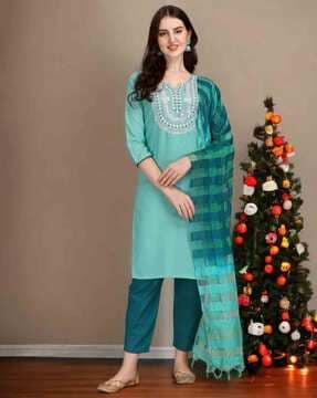 women embroidered straight kurta suit set