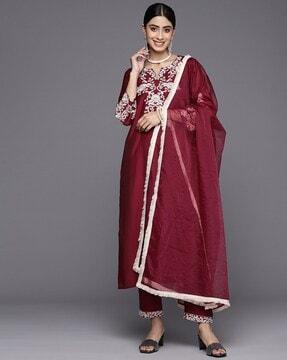 women embroidered straight kurta suit set