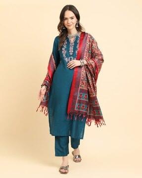 women embroidered straight kurta suit set