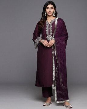 women embroidered straight kurta suit set