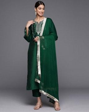 women embroidered straight kurta suit set