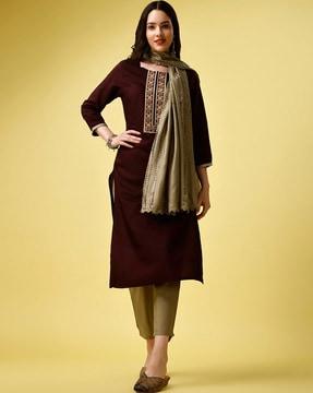 women embroidered straight kurta suit set