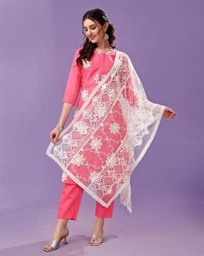 women embroidered straight kurta suit set