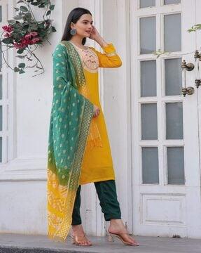 women embroidered straight kurta suit set