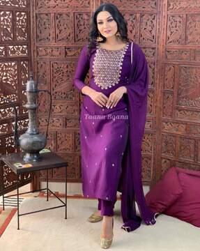 women embroidered straight kurta suit set