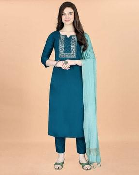 women embroidered straight kurta suit set