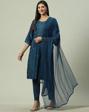 women embroidered straight kurta suit set