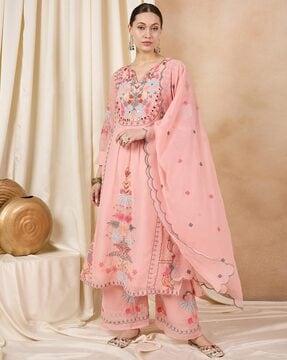 women embroidered straight kurta suit set