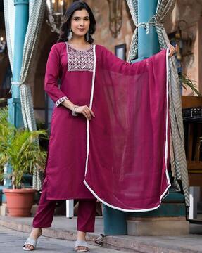 women embroidered straight kurta suit set