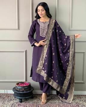 women embroidered straight kurta suit set