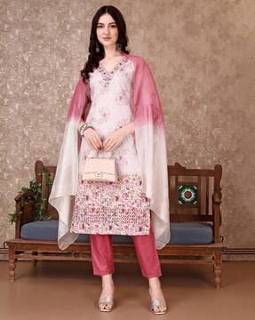 women embroidered straight kurta suit set