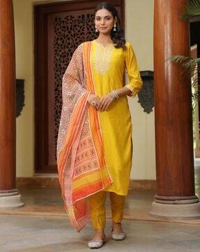 women embroidered straight kurta suit set