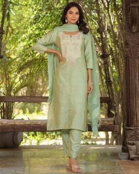 women embroidered straight kurta suit set