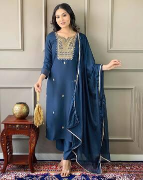 women embroidered straight kurta suit set