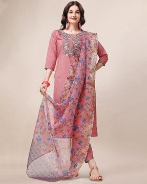 women embroidered straight kurta suit set