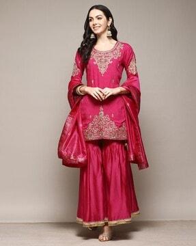 women embroidered straight kurta with gharara & dupatta