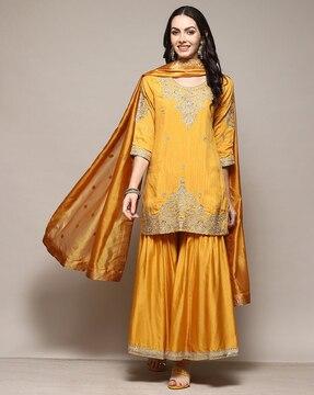 women embroidered straight kurta with gharara & dupatta