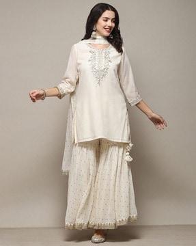 women embroidered straight kurta with gharara & dupatta