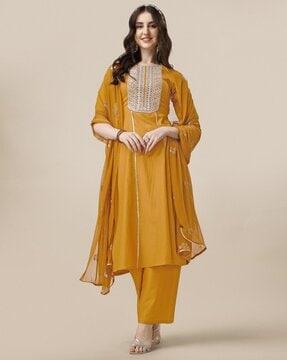 women embroidered straight kurta with palazzos & dupatta