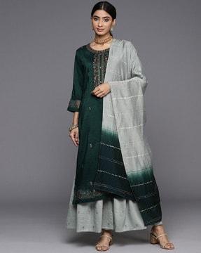 women embroidered straight kurta with palazzos & dupatta