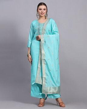 women embroidered straight kurta with palazzos & dupatta