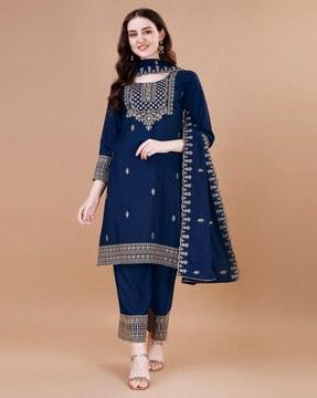 women embroidered straight kurta with palazzos & dupatta