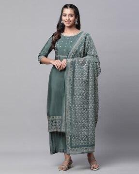 women embroidered straight kurta with palazzos & dupatta