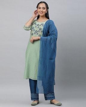 women embroidered straight kurta with palazzos & dupatta