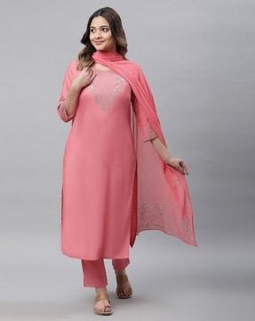 women embroidered straight kurta with palazzos & dupatta