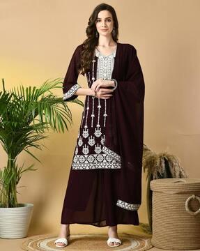 women embroidered straight kurta with palazzos & dupatta