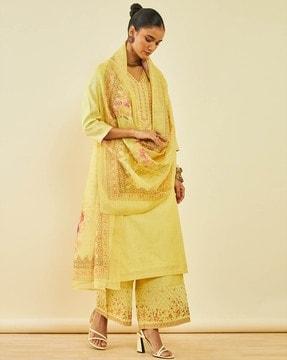 women embroidered straight kurta with palazzos & dupatta