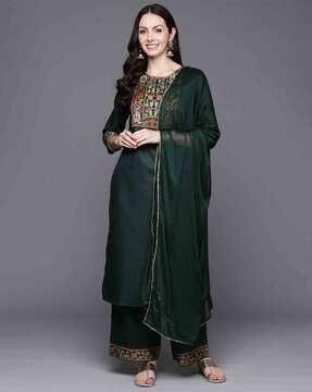 women embroidered straight kurta with palazzos & dupatta