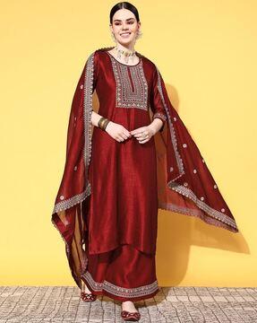 women embroidered straight kurta with palazzos & dupatta