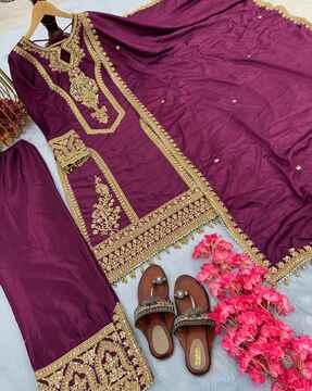 women embroidered straight kurta with palazzos & dupatta
