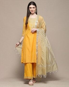 women embroidered straight kurta with palazzos & dupatta