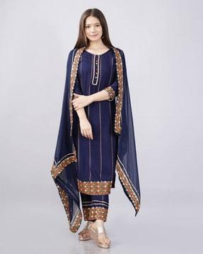 women embroidered straight kurta with pants & dupatta set