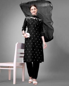 women embroidered straight kurta with pants & dupatta set