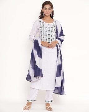 women embroidered straight kurta with pants & dupatta