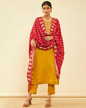 women embroidered straight kurta with pants & dupatta