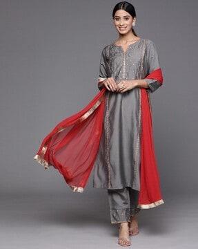 women embroidered straight kurta with pants & dupatta