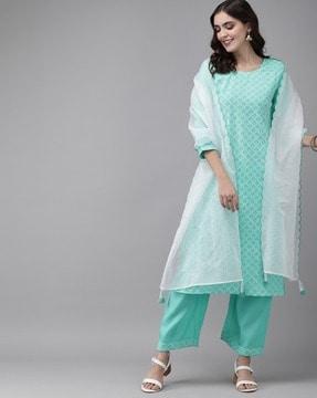 women embroidered straight kurta with pants & dupatta