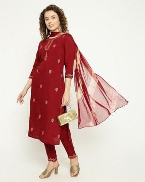 women embroidered straight kurta with pants & dupatta