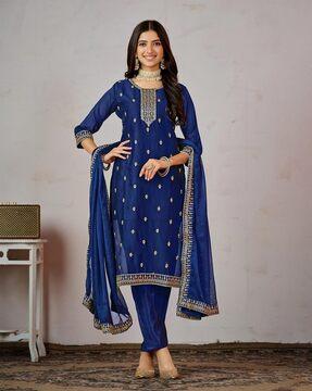 women embroidered straight kurta with pants & dupatta