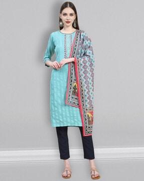 women embroidered straight kurta with pants & dupatta