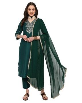 women embroidered straight kurta with pants & dupatta