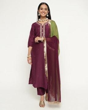 women embroidered straight kurta with pants & dupatta