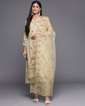 women embroidered straight kurta with pants & dupatta