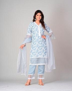 women embroidered straight kurta with pants & dupatta