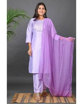 women embroidered straight kurta with pants & dupatta