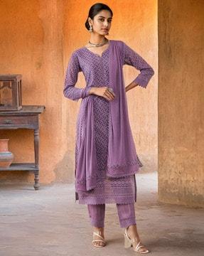 women embroidered straight kurta with pants & dupatta